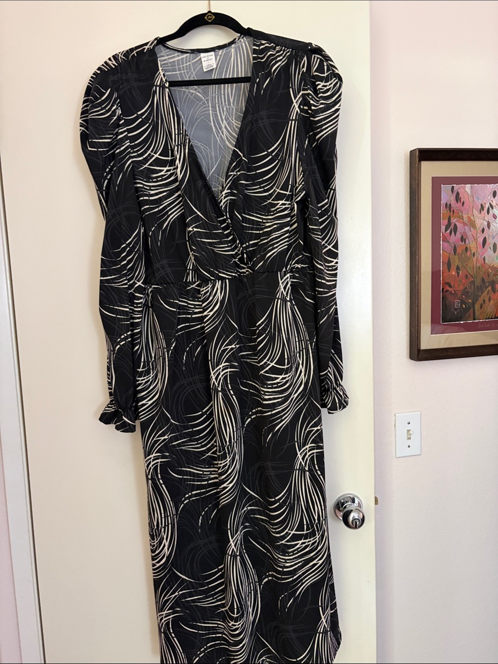 Melrose and Market Black Dress with Cream Swirl Print, Long Sleeve Midi